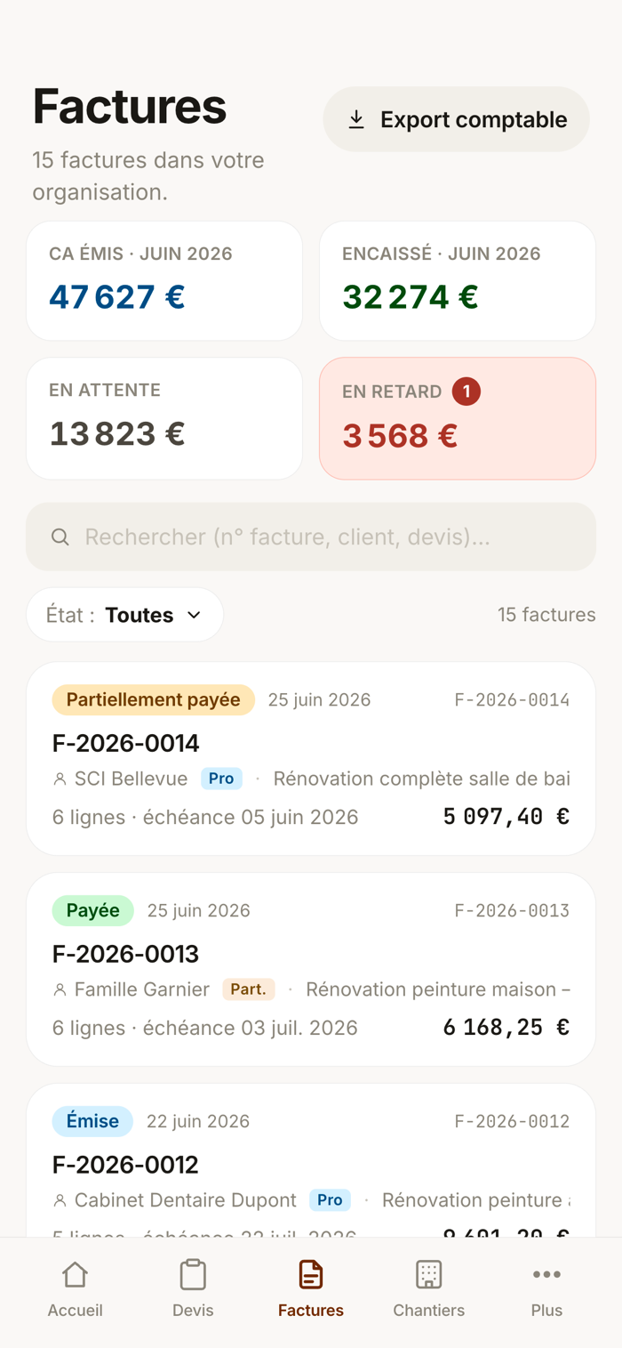 Factures conformes dans l'app invico